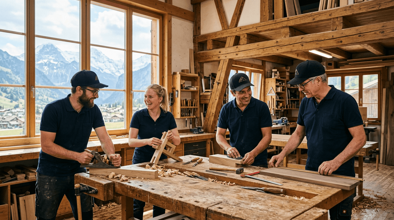 Handwerker-Team in einer Schweizer Werkstatt mit bestickten Caps und Poloshirts
